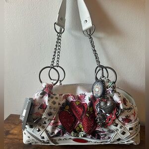 Ed Hardy White Studded Shoulder Bag Canvas w/ Vegan Leather Rhinestone
Heart NWT